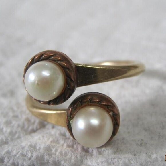 Vintage Jewelry - Vintage 12K Gold Filled Twin Pearl Bypass Ring Size Unique Estate Sale Jewelry